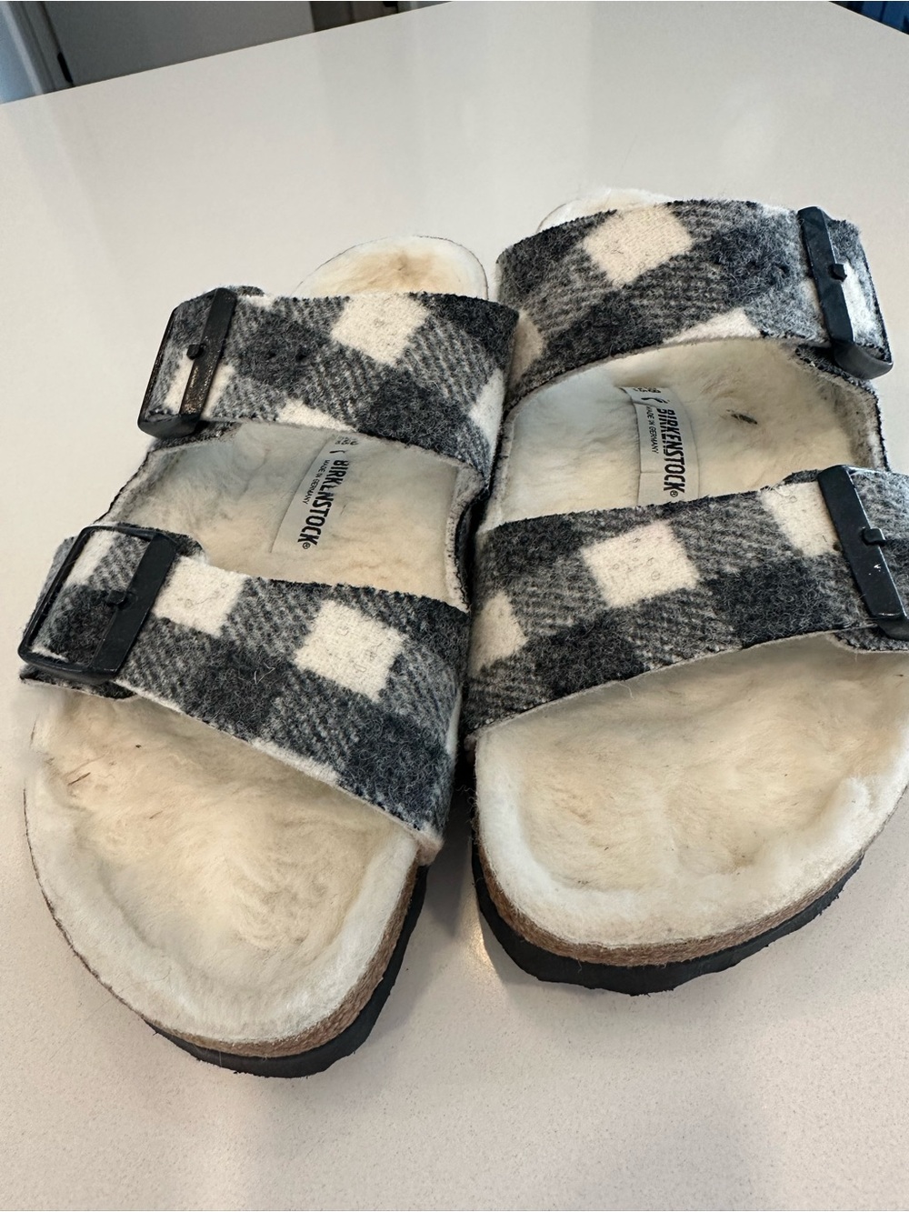 Birkenstock Women’s Shearling-Trim Plaid Slide Sandals in Black & White